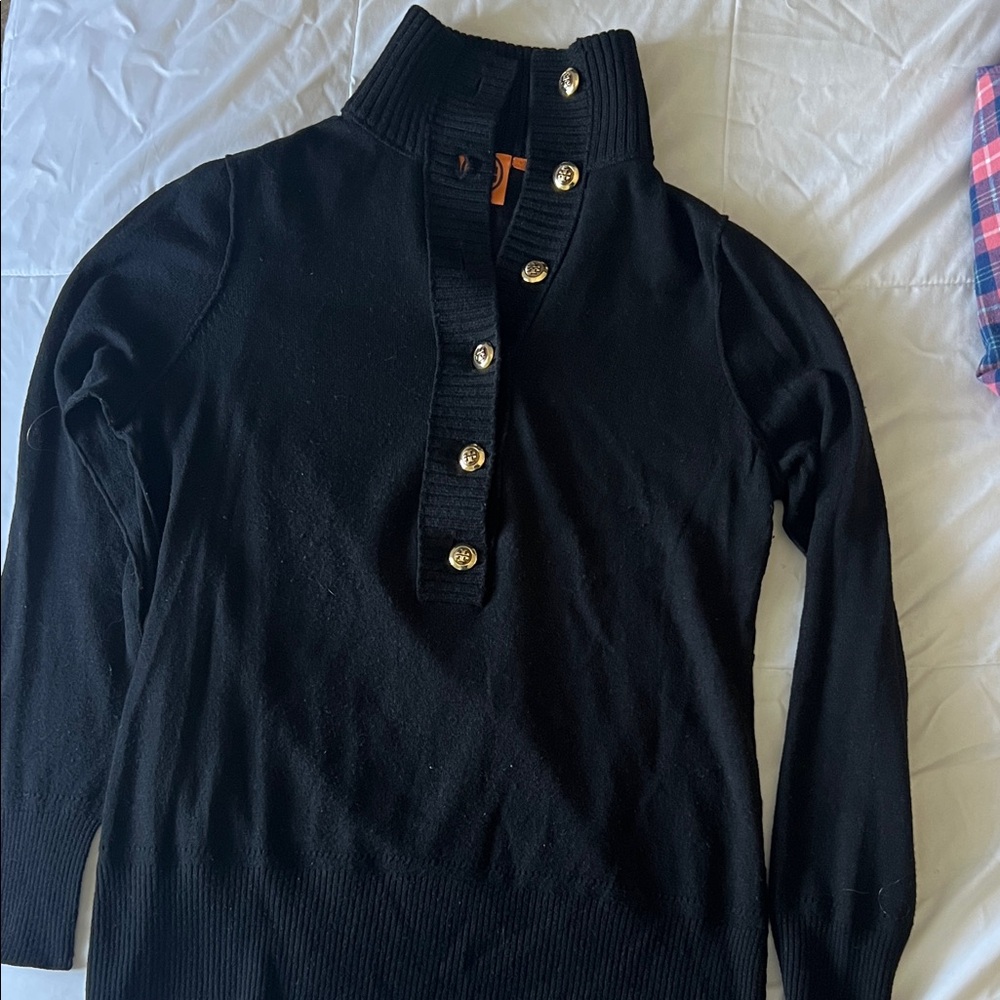 Tory Burch Black Ribbed Mock-Neck Sweater with Gold Buttons